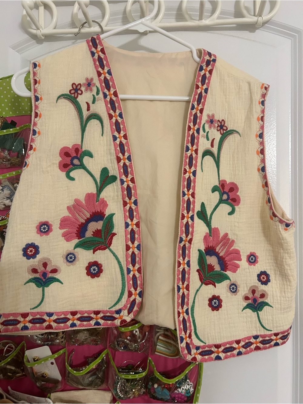 Embroidered Cream Floral Vest with Pink Accents